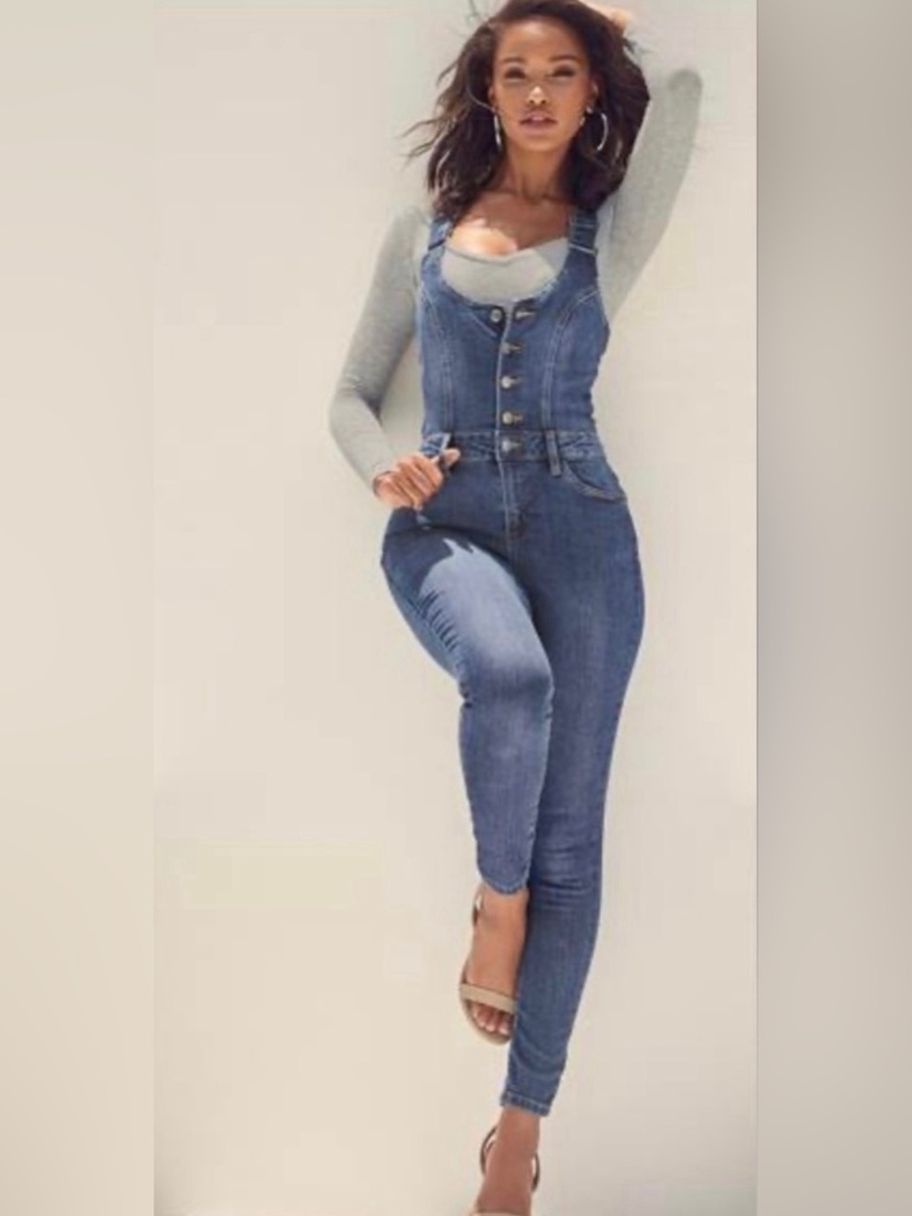 VENUS Dark Blue Denim Button-Front Jumpsuit